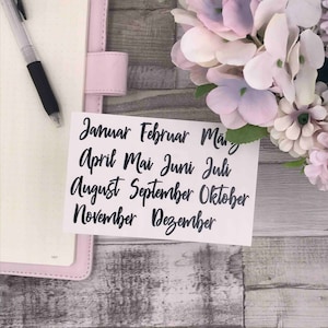 Nomi dei mesi, adesivi del diario dei proiettili, Handlettering, Matt Trasparente