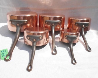 Vintage French Tin Lined L Lecellier Villedieu Copper Pans  - Set of 5 Pans 1MM Thick, In Excellent Condition, Normandy Copper