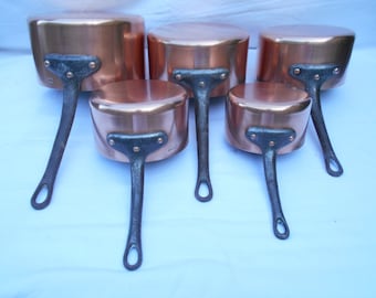 MAUVIEL 2MM  Vintage French Tin Lined Copper Pans Set of 5  - HEAVY 6977g in EXCELLENT Condition, Normandy Copper