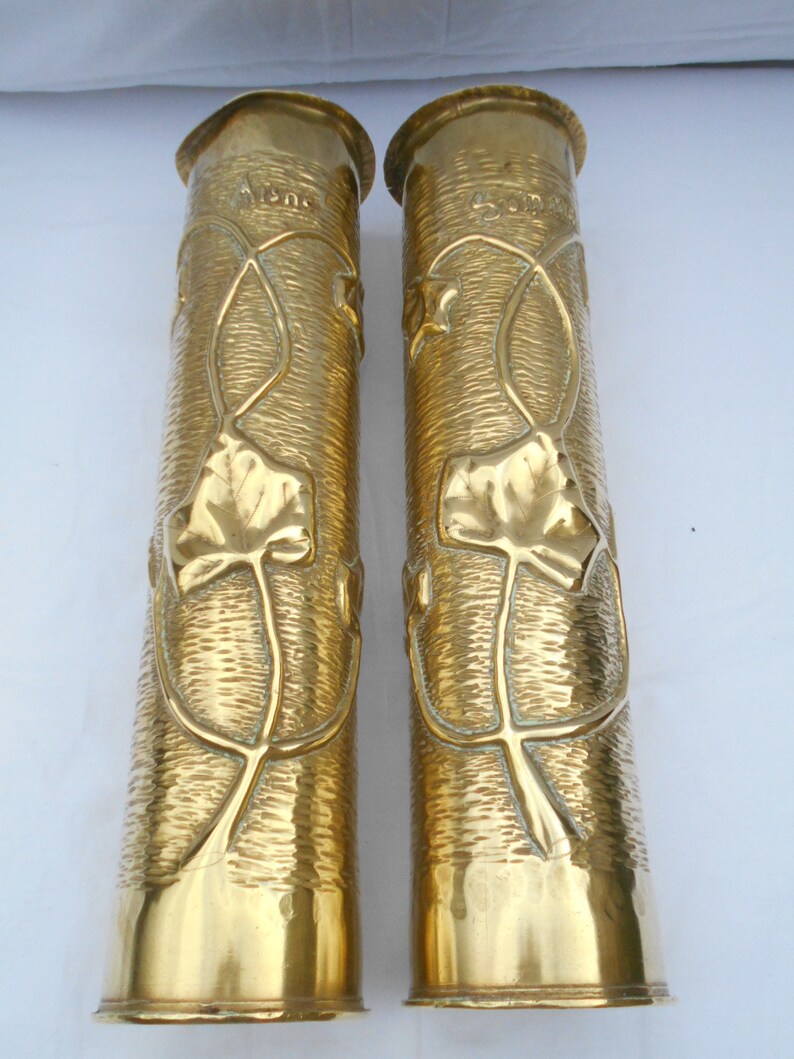 Pair of WW1 Trench Art Brass Artillery Shells Vases Made From 75 DE C
