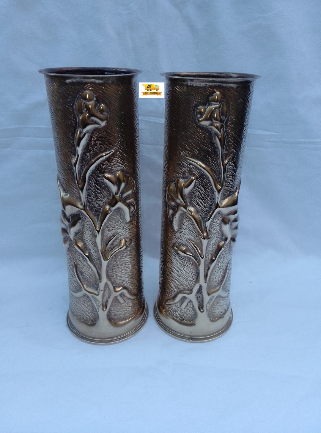 Pair of WW2 British Trench Art Brass Vases 18PR Artillery Shell Casings