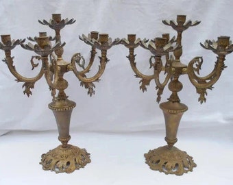 Set mit 2 identischen französischen Bronze-Kerzenhaltern - Paar Vintage französische Bronze 5-Arm-Kerzenhalter / Kandelaber