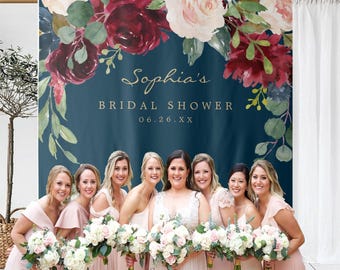 Navy Bridal Shower Backdrop, Burgundy Floral Bridal Shower Backdrop Decor, Bridal Shower Banner for Photos