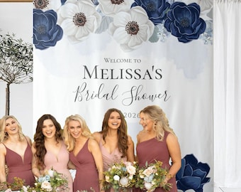 Tapiz de acuarela floral azul marino para despedida de soltera, fondo para recepción nupcial, fondo para fotomatón, decoración nupcial, estilo bohemio nupcial