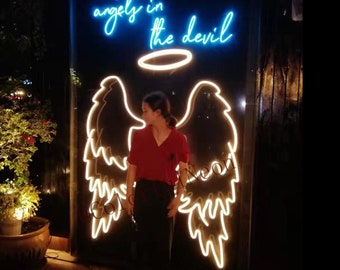 Angel Wings Neon Sign Custom, Bar Wall Decor, Wing Neon Sign with Halo, Stores Decor, Lounge Decor Customized, Home Neon Sign, Party Neon