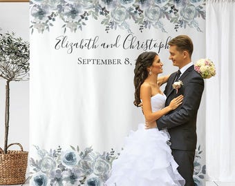 Blue Floral Backdrop, Blue Wedding Decorations, Printed Backdrop, Wedding Tapestry, Custom Wedding Fabric Banner