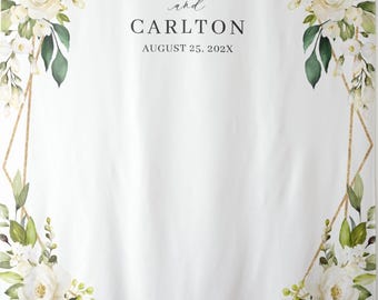 White Floral Backdrop, White Wedding Decorations, Printed Backdrop, Geometric Wedding Tapestry, Wedding Fabric Banner, Custom Wedding Banner