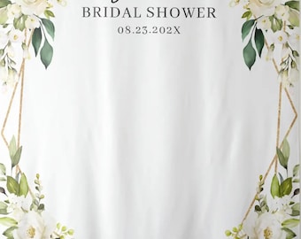 White Floral Backdrop, White Bridal Shower Decorations, Geometric Bridal Shower Tapestry, Custom Bridal Shower Fabric Banner