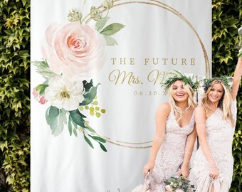 Future Mrs Bridal Shower Photo Backdrop, Gold Bridal Shower Decorations, Future Mrs. Banner, Floral Engagement Backdrop