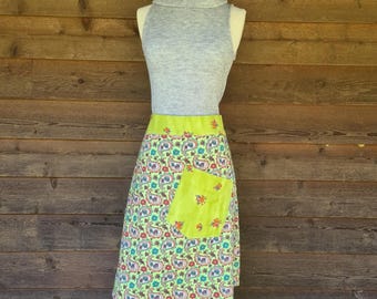 Lime Green, Red & Blue Retro Floral with Green Floral Detailing Midi Wrap Skirt Size 8-16 Cotton A-line Skirt with Vintage Prints Cotton