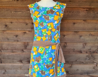 Blue, Mustard & Brown Retro Shift Dress Size Small | Cotton | Retro Inspired with Vintage Prints | Unique | One of a Kind | Mini Dress