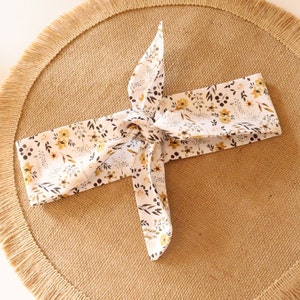 Marigold Floral Headband | Fabric Headband | Wide Headband | Tie up Headband | Retro Head Scarf Knotted Headband | Yellow Black White Floral