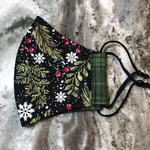 Red Holly Berry & Snowflakes  with Reversible Green Plaid 2-Layer Fitted Cloth Face Mask with adjustable elastic ear loops