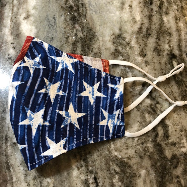 Large - Red, White and Blue Stars & Stripes (Size Large) Cloth Face Mask pleated and washable with adjustable elastic ear loops