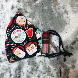 Santa Cookies with Reversible Red & Green Plaid 2-Layer Fitted Cloth Face Mask with adjustable elastic ear loops