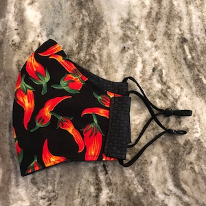 Red Peppers with Reverse Black 2-Layer Fitted Cloth Face Mask with adjustable elastic ear loops