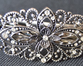 8cm Silver crystal metal flower filigree barrette hair clip womens fashion