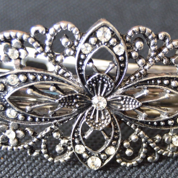 8cm Silver crystal metal flower filigree barrette hair clip womens fashion