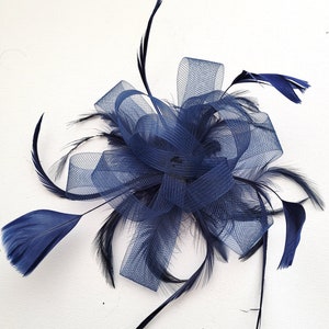 May include: A navy blue fascinator with a mesh bow and feathers. The headpiece features a central cluster of mesh and feathers, with additional feathers extending outwards. The feathers are a darker shade of navy and black.