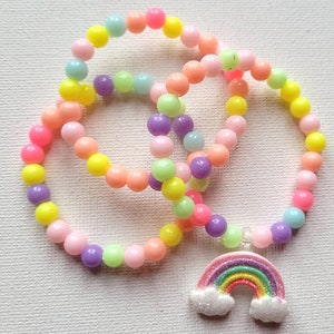 Childrens 3 pack stretch plastic bead rainbow charm bracelet jewellery
