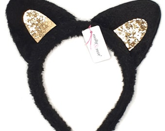 Childrens Black soft fur cat glitter ears aliceband fancy dress book UK
