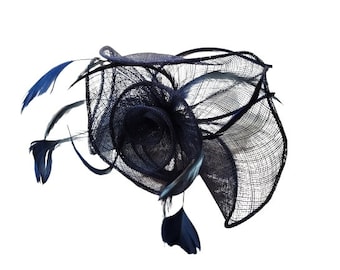 Navy blue sinamay pearl bead headband fascinator wedding races ascot prom