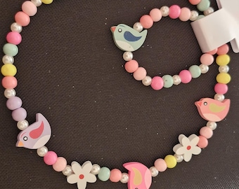 Children's Bird and Flower Bead Jewelry Set | Wooden Bead, Plastic Pearl Necklace & Bracelet for Kids, Animal Themed Gift