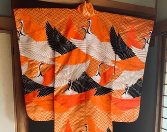 Vintage Uchikake Wedding Kimono: Japanese Crane Bridal Robe