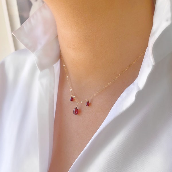 Garnet necklace, three garnet tear drops on a delicate 9ct gold, gold filled, rose gold filled or sterling silver chain.