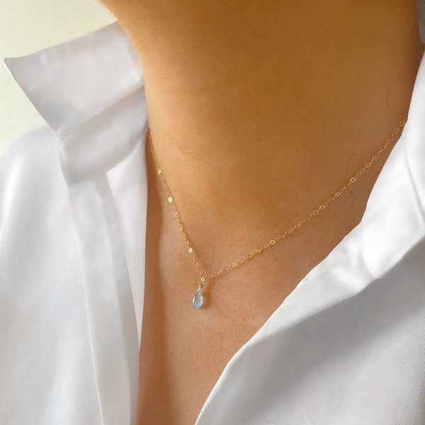 Aquamarine necklace, delicate layering necklace, teardrop necklace, 9ct gold, gold filled, rose gold filled or silver chain.