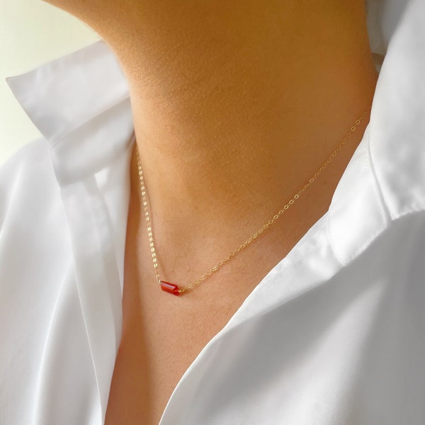 Carnelian necklace, rectangular stone hung horizontally on a 9ct gold, gold filled, rose gold filled or sterling silver chain
