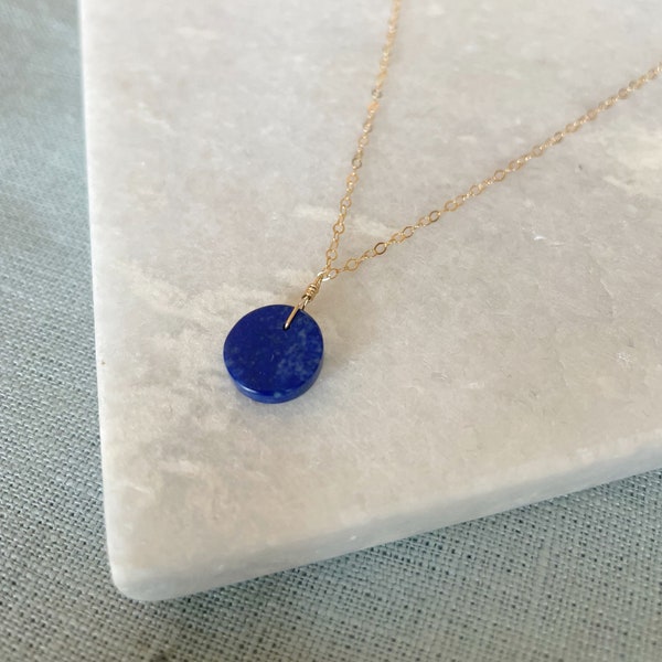 Lapis lazuli necklace, a circular stone hung from a delicate 9ct gold, gold filled, rose gold filled or sterling silver chain.