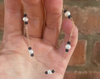 Pulseira de safira e pérola, ouro 9 quilates, preenchimento de ouro, preenchimento de ouro rosa, prata esterlina, algo azul