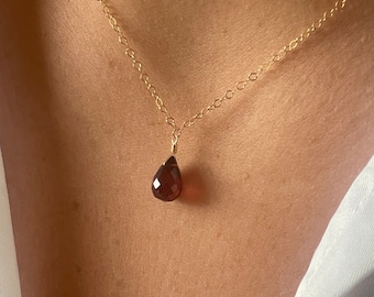 Collier goutte d'eau grenat rouge, or 9 carats, or rempli, or rose, chaîne en argent sterling