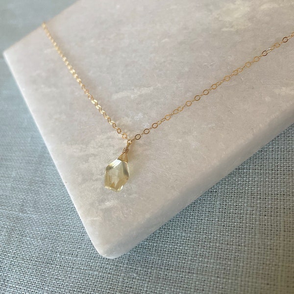 Citrine necklace, asymmetric stone, delicate 9ct gold, gold filled, rose gold filled or sterling silver necklace.