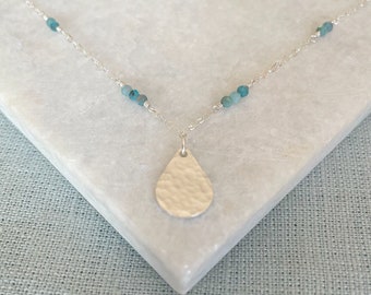 Silver teardrop necklace with tiny blue apatite stones