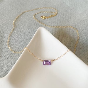 Amethyst necklace, rectangular stone hung horizontally on a 9ct gold, gold filled, rose gold filled or sterling silver chain