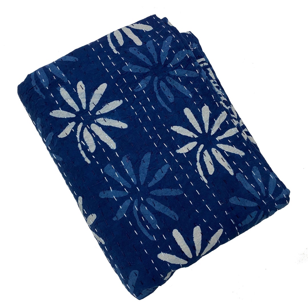 Indigo Blue Kantha Quilt Blue Kantha Quilt Hand Block Print Etsy