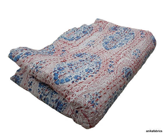 Indian Hand Block Printed Cotton Kantha Quilt 90x108 Inches