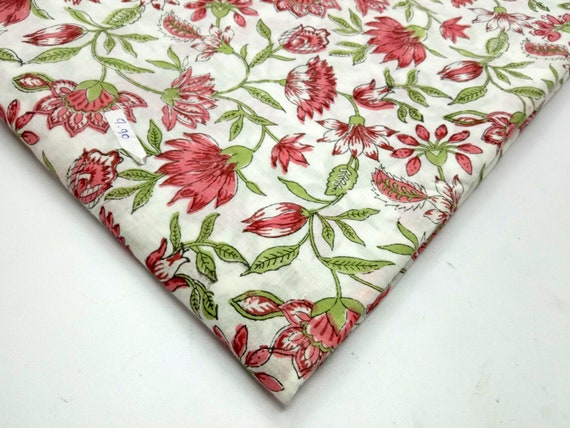 5 Yards Hand Block Flower Print Fabric Indian 100% Cotton Natural Vegetable