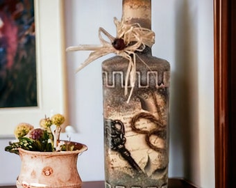 Hand-Painted Vintage Whiskey Bottle: Rustic Decoupage Glass Art