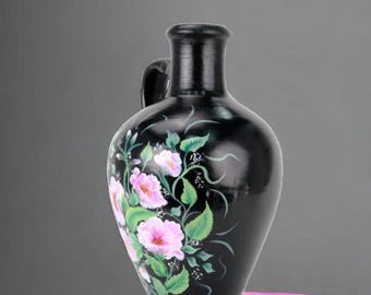 Elegant Floral Clay Vase - Hand Painted Black And Pink Flowers, Home, Porch and Patio Outdoor Decor - Also Ideal for Garden Decoration