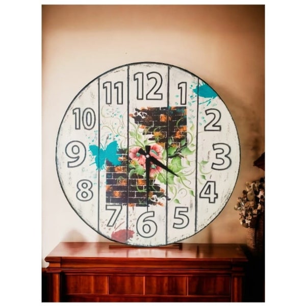 Vintage Wooden Wall Clock with Flowers,Handmade Rustic Home Decoration Large Wall Clock Battery Operated - Clock Art Gift for Family