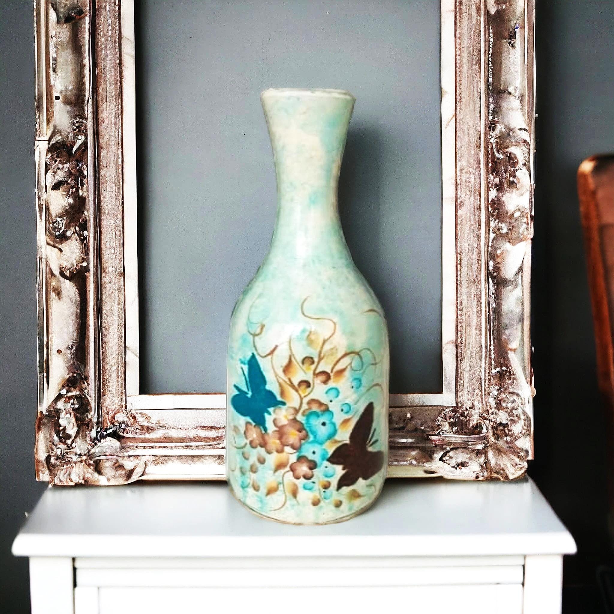 Unique Hand Painted Vase with Butterflies - One Stroke Floral Acrylic Painted Pottery - Handmade Ornaments - Light Blue Butterfly Room Decor