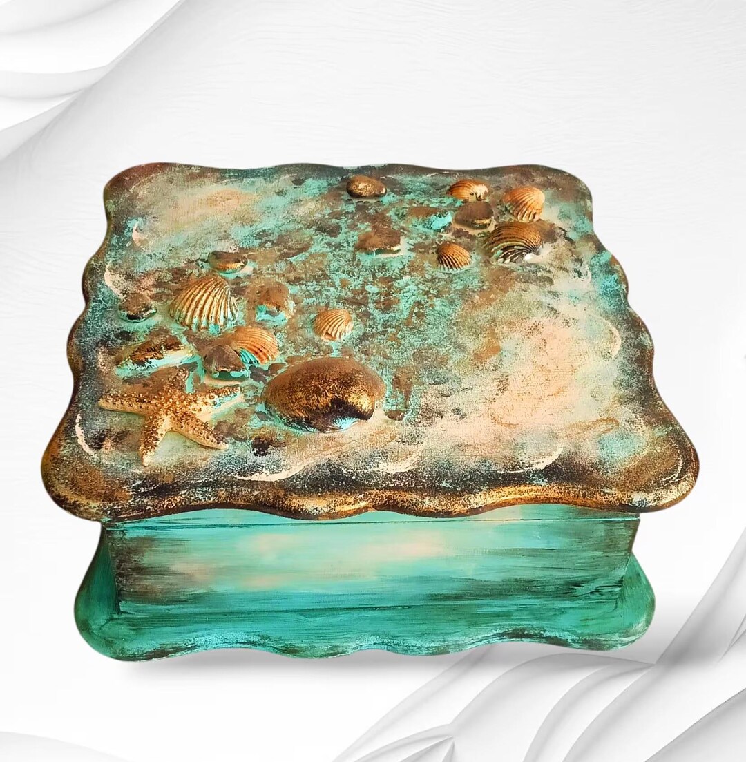 Image showcasing Wooden Keepsake Box With Conch - Hand Painted Charming Decorative Box ...