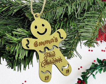 Nombre navideño de madera personalizado Glitter Gingerbread Man - Adorno de árbol colgante
