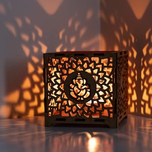 Personalised Wooden Lantern Box / Candle Holder / Stationary Holder / Tissue Box - Aum Saathyo and Ganesh Signs