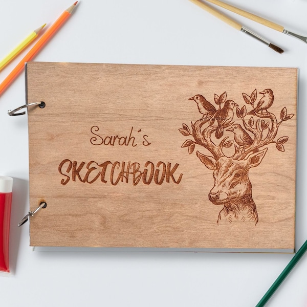 Personalised A5 Wooden SketchBook Engraved/ Deer Birds / Photo album - Rustic Sketchbook - Wooden Sketchbook - Eco Friendly - 160gsm Paper