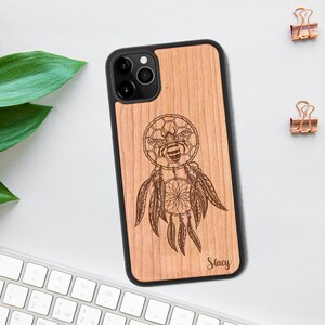 Personalised Wooden Phone Case with Dreamcatcher Bee Design iPhone 12 11, Samsung S21 S20, Google Pixel 5, Huawei Eco Friendly Gift image 1