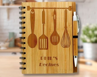 Personalised A5 Bamboo Notebook Recipe Book - Eco Friendly Sustainable Gift with Recycled Paper - Hanging Utensils Design